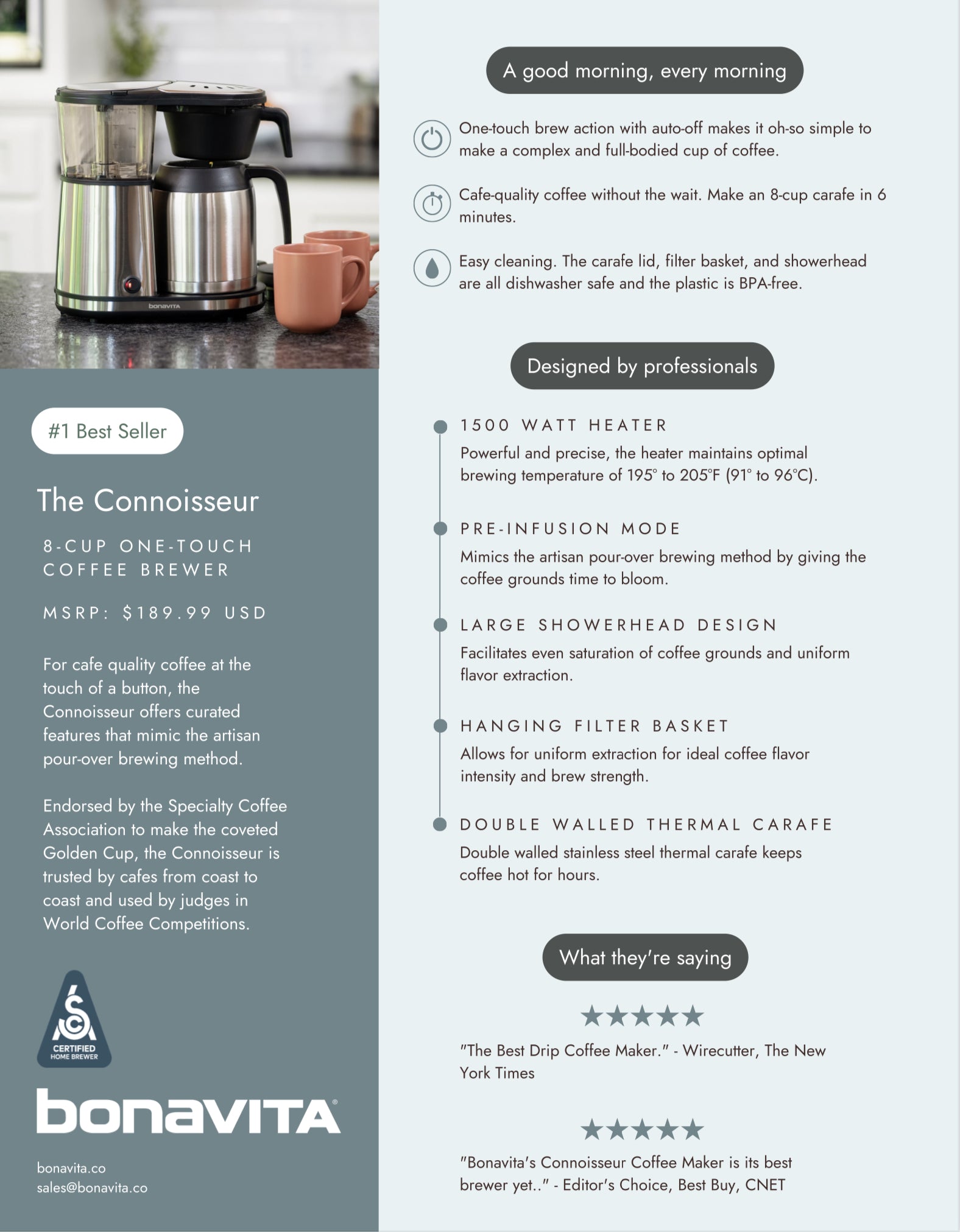 Bonavita Connoisseur 8-Cup Drip Coffee Brewer One-Touch with Thermal C –  Buona Caffe