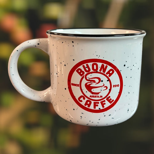 Coffee mug with the Buona Caffe logo on the side of it